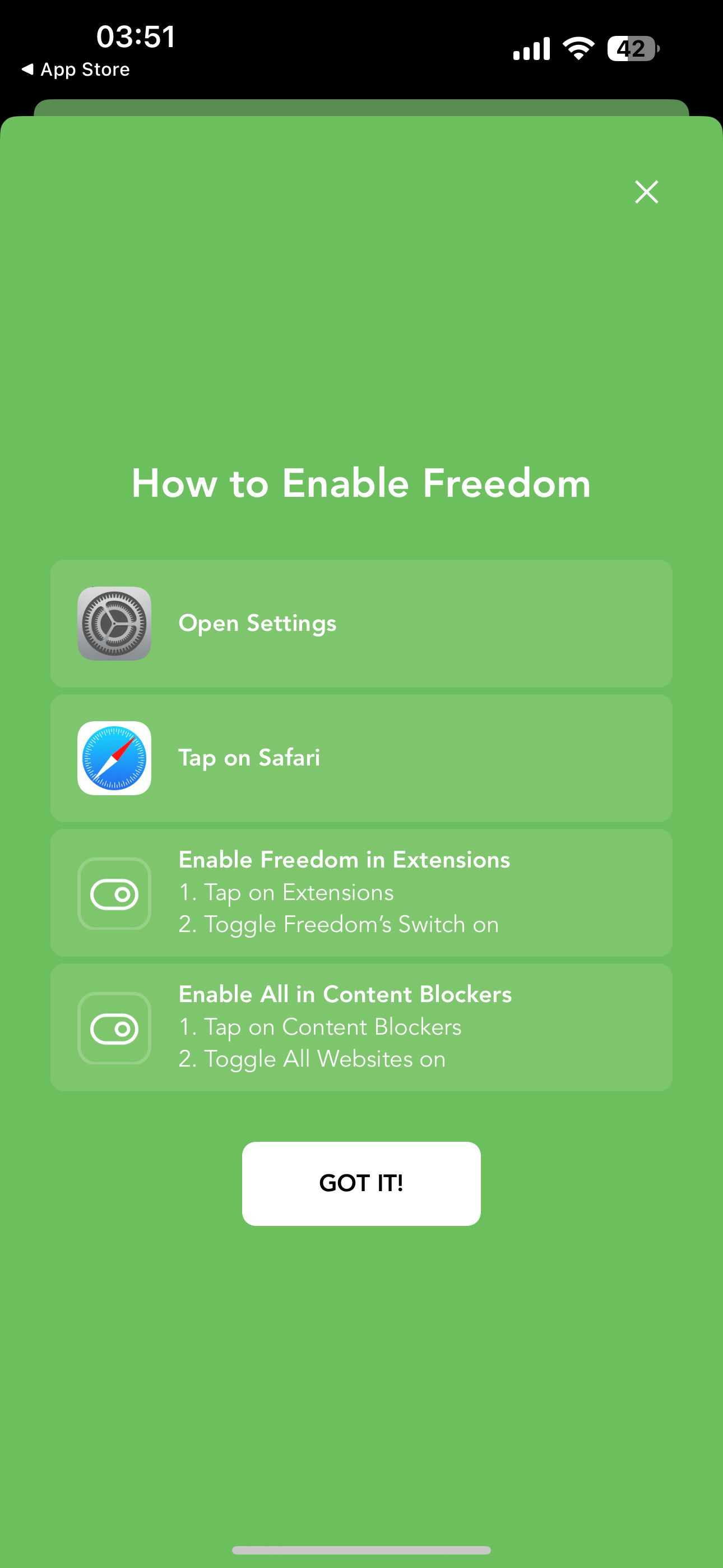 Freedom blocking on Safari instructions