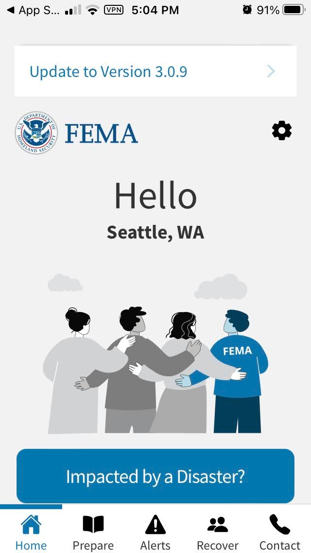 FEMA app showing welcome screen