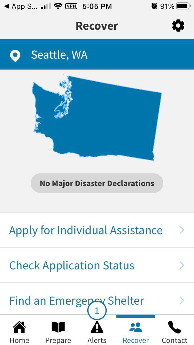 FEMA app screenshot showing the ability to find shelter by region