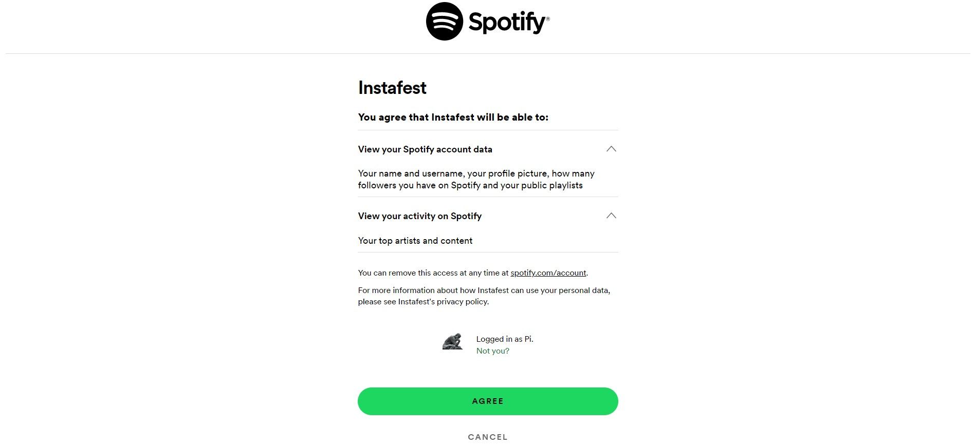 Spotify permissions required for Instafest