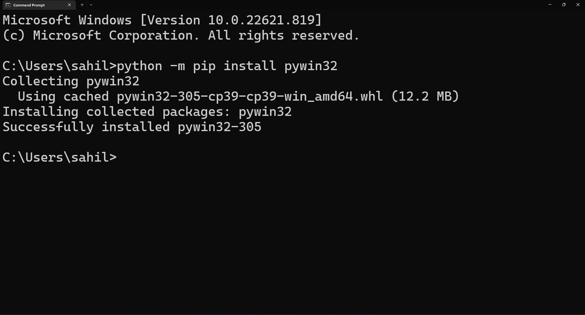 Commande Windows avec les commandes d'installation de Python