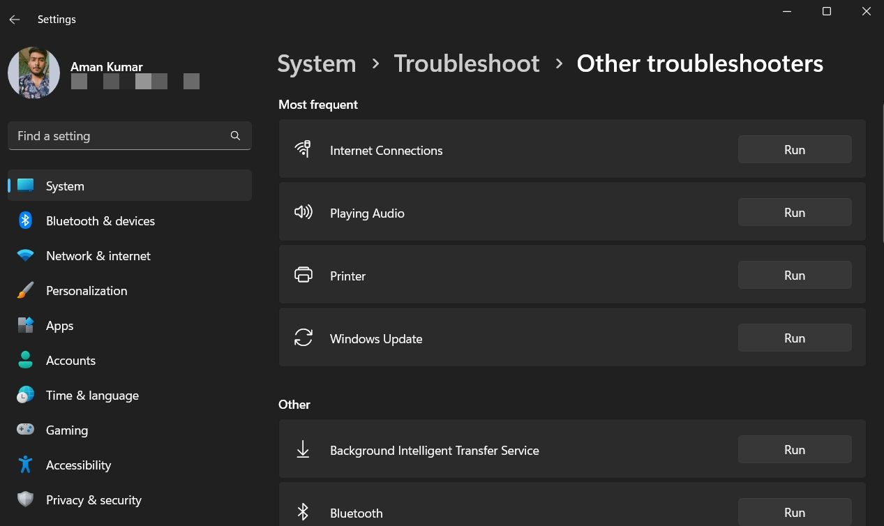 Internet Connection Troubleshooter in the Settings menu