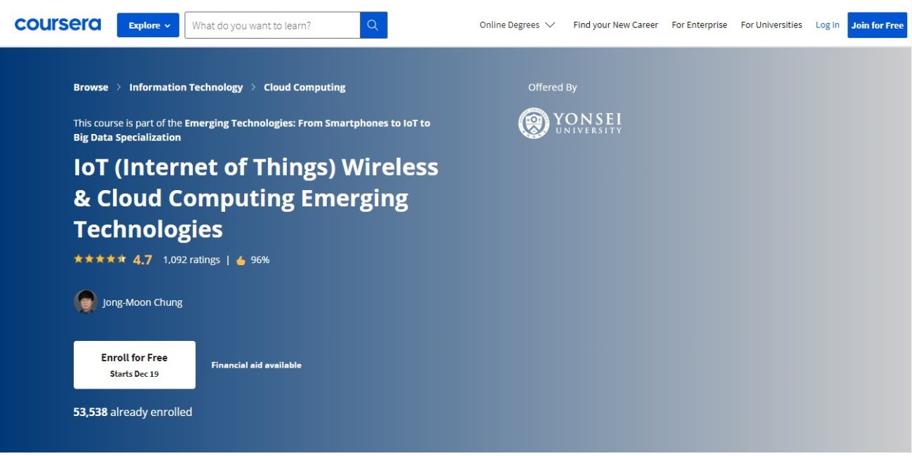 Internet of Things Wireless and Cloud Computing Emerging Technologies free online course from coursera