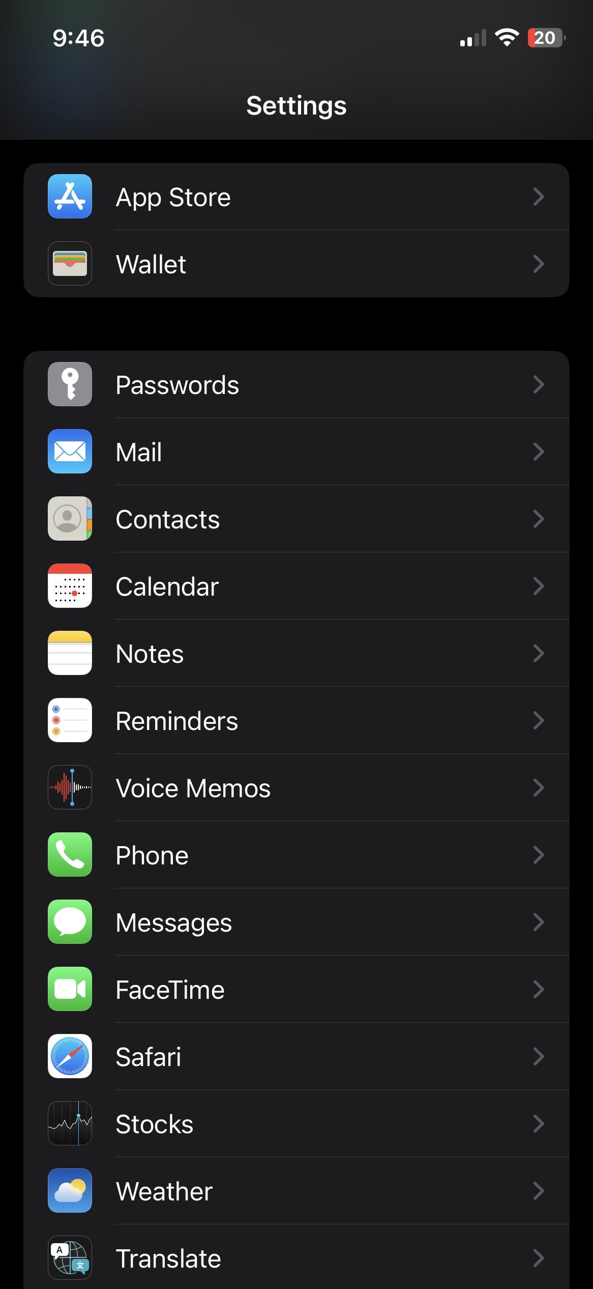 Screenshot in iPhone's Settings App with its list of sections