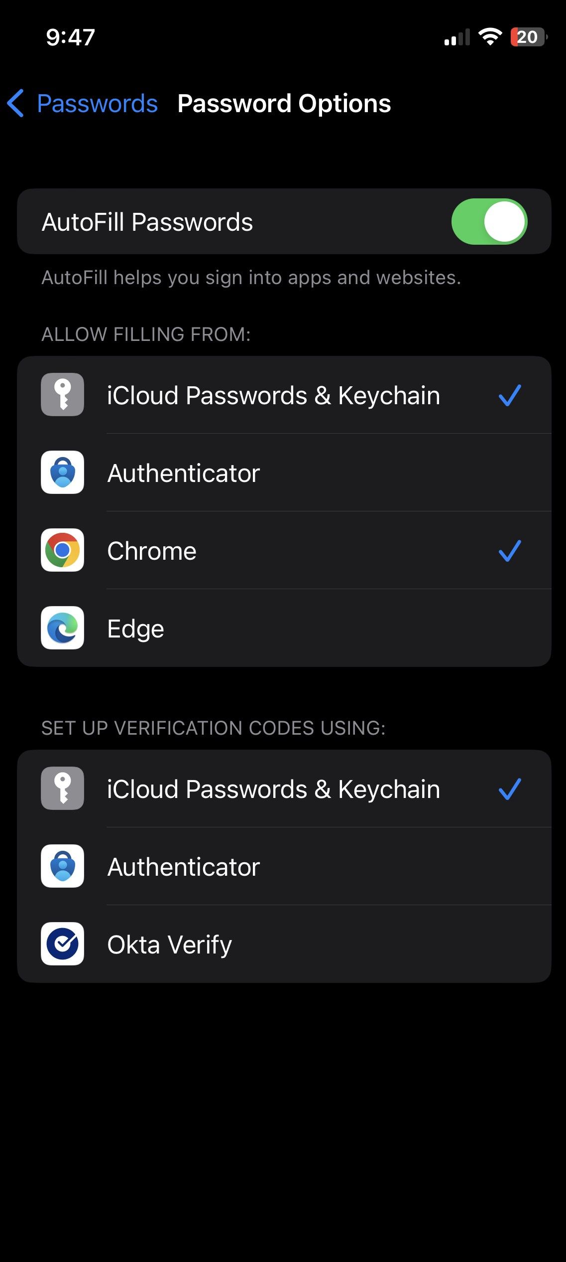 Screen in iOS' password options menu which lets you choose the password manager