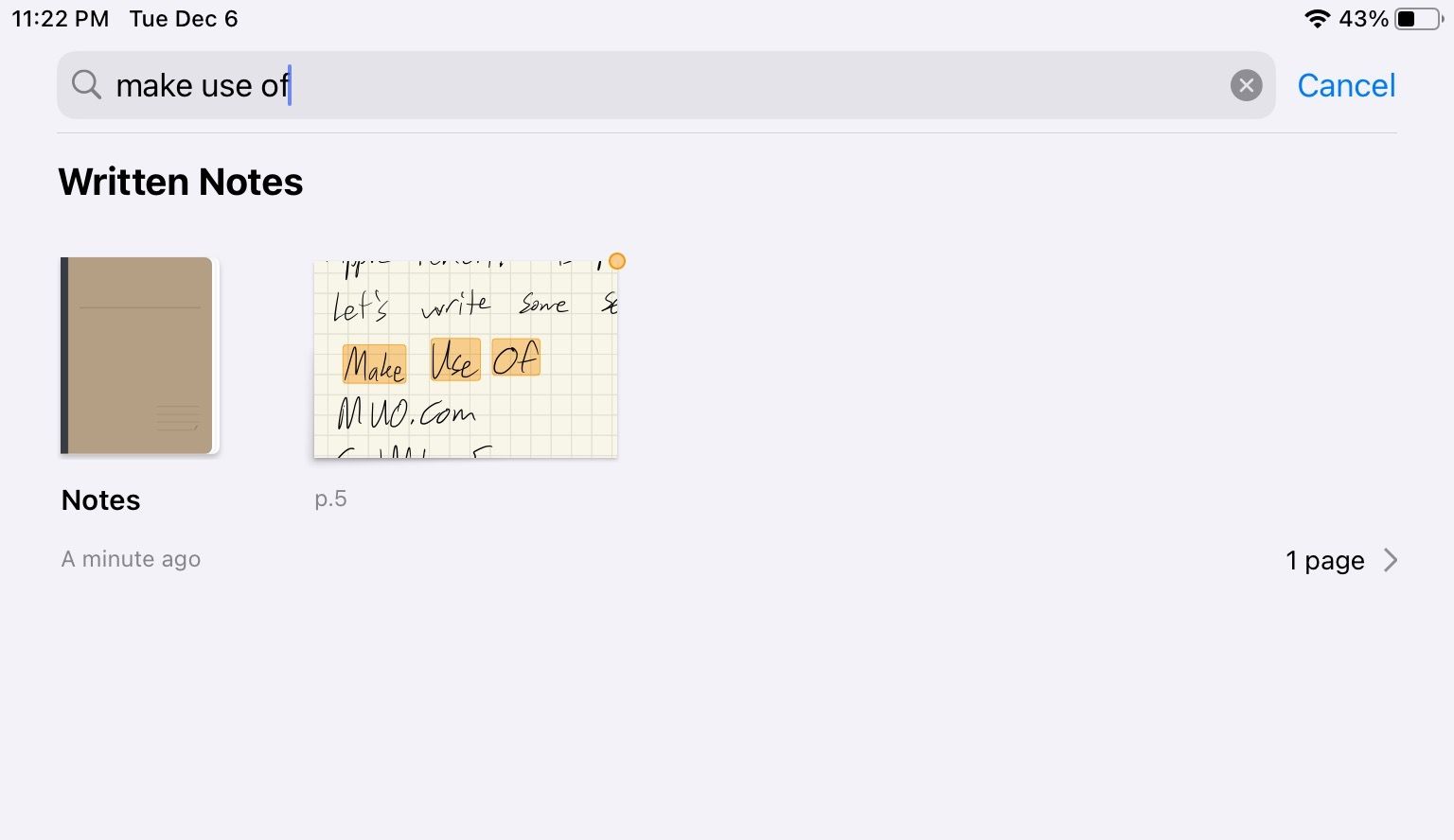 A search for handwritten text done on GoodNotes for iPad