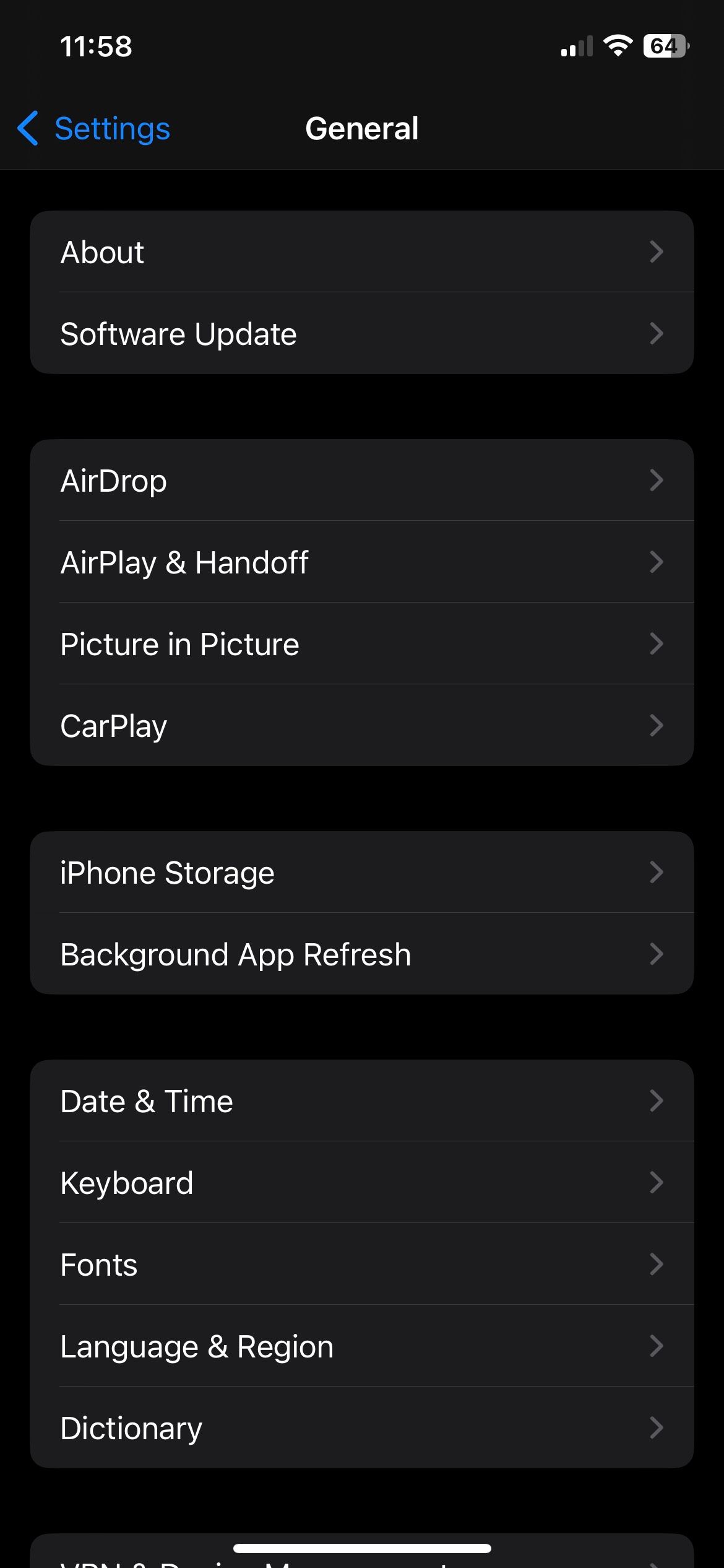 The Date and Time Subsection within Settings on iOS