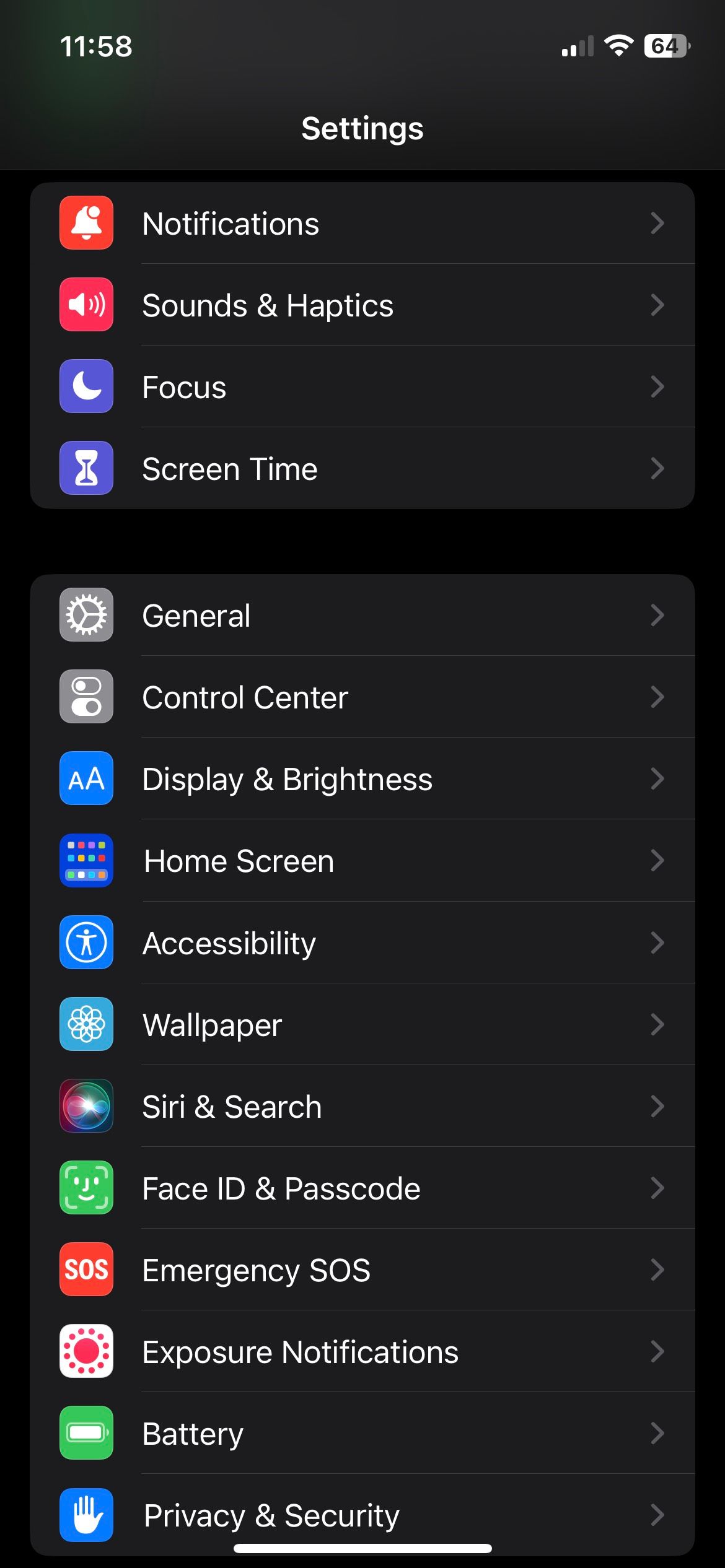 List of options within Apple's Settings App