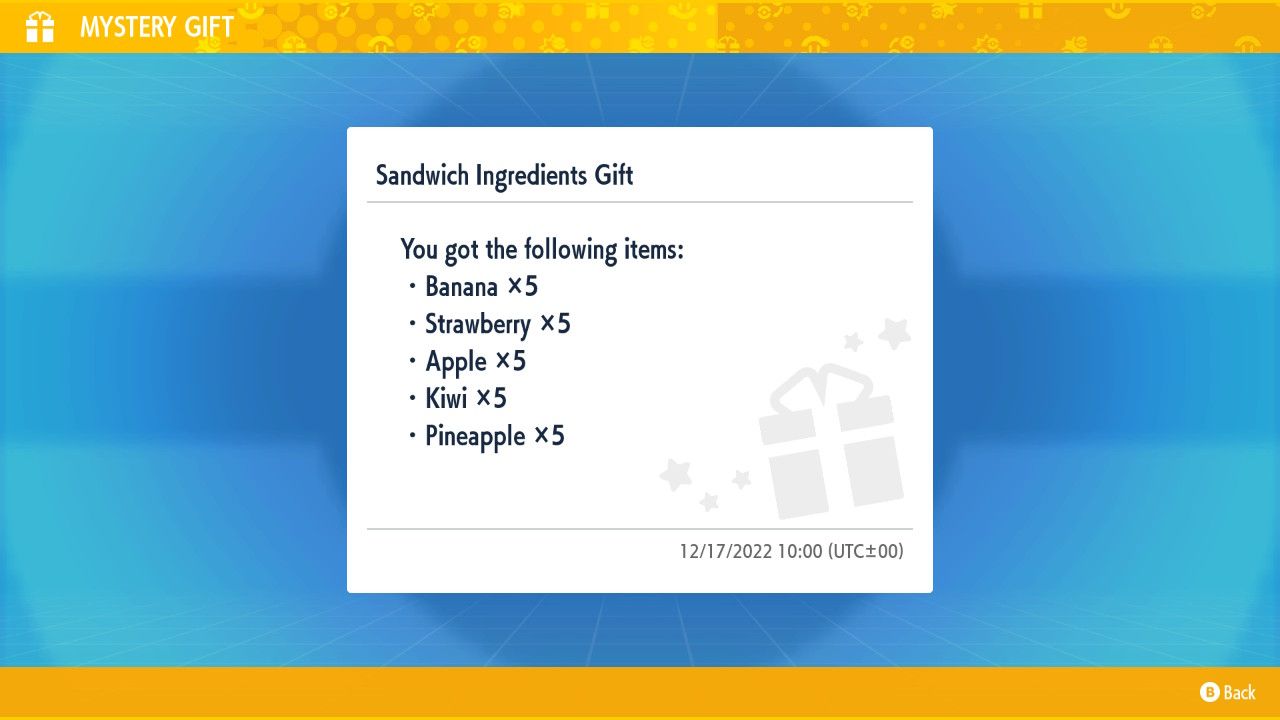 A screenshot of the unlocked items from a Mystery Gift in Pokémon Violet 