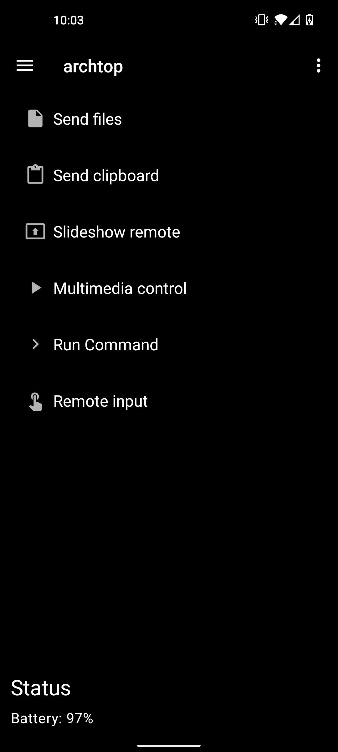 The main menu for a device connected to the Android phone