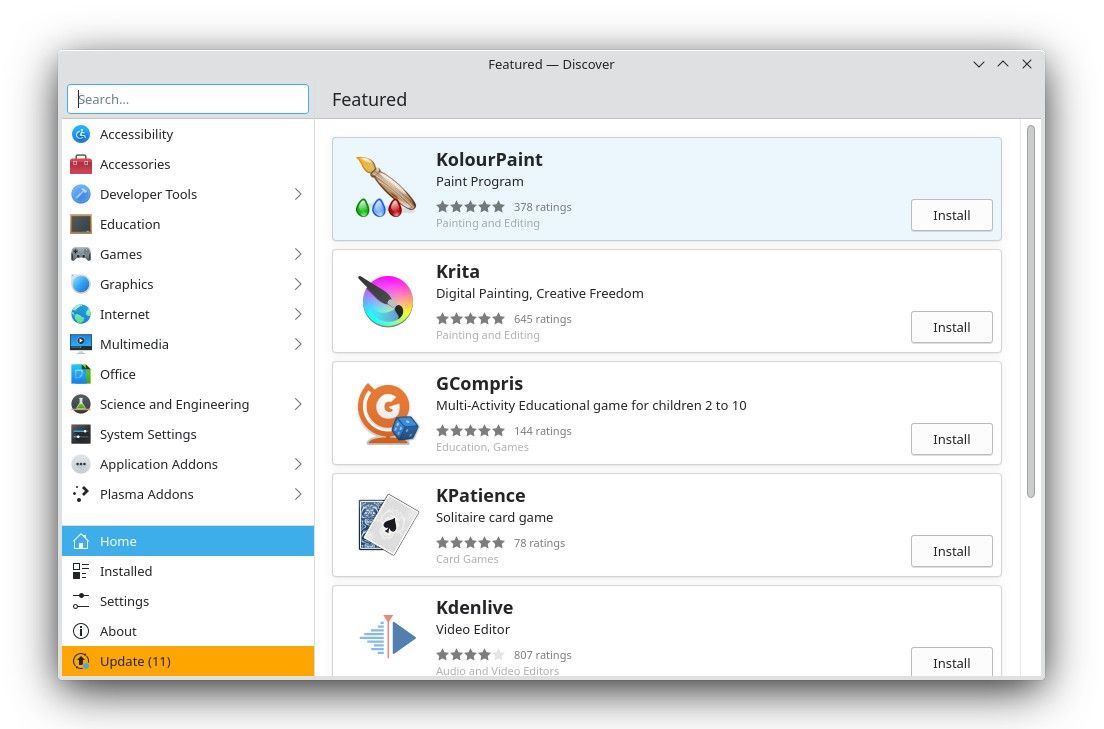 KDE Discover displaying featured applications