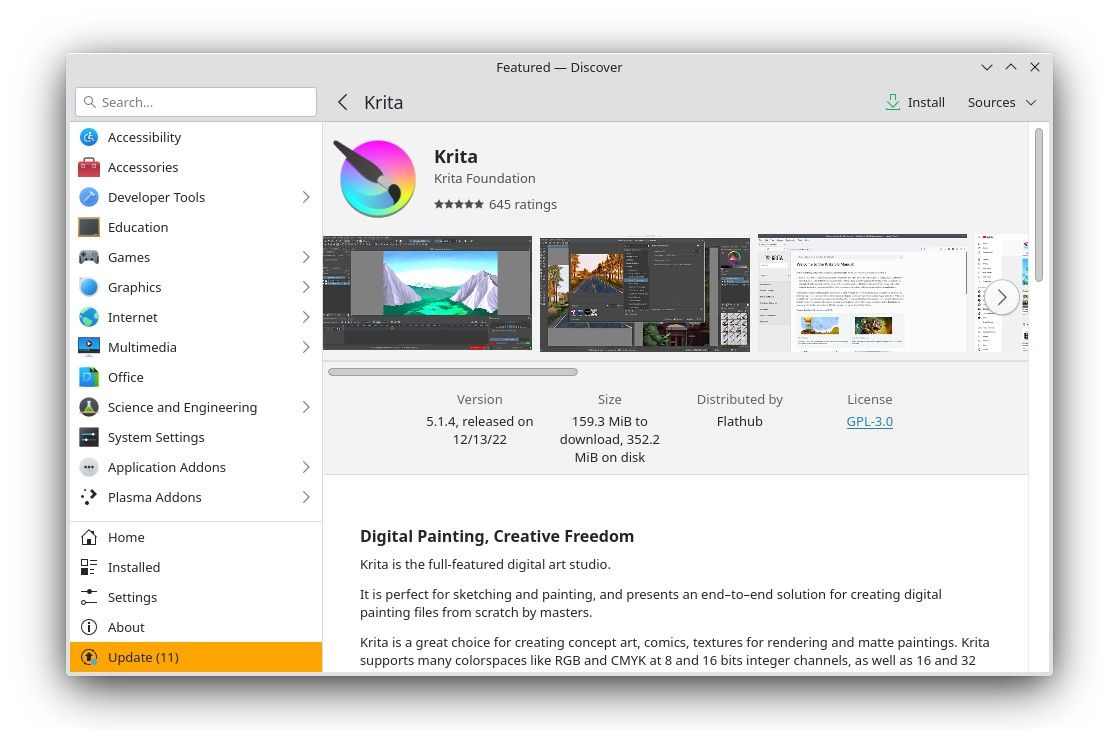 KDE Discover displaying details about Krita