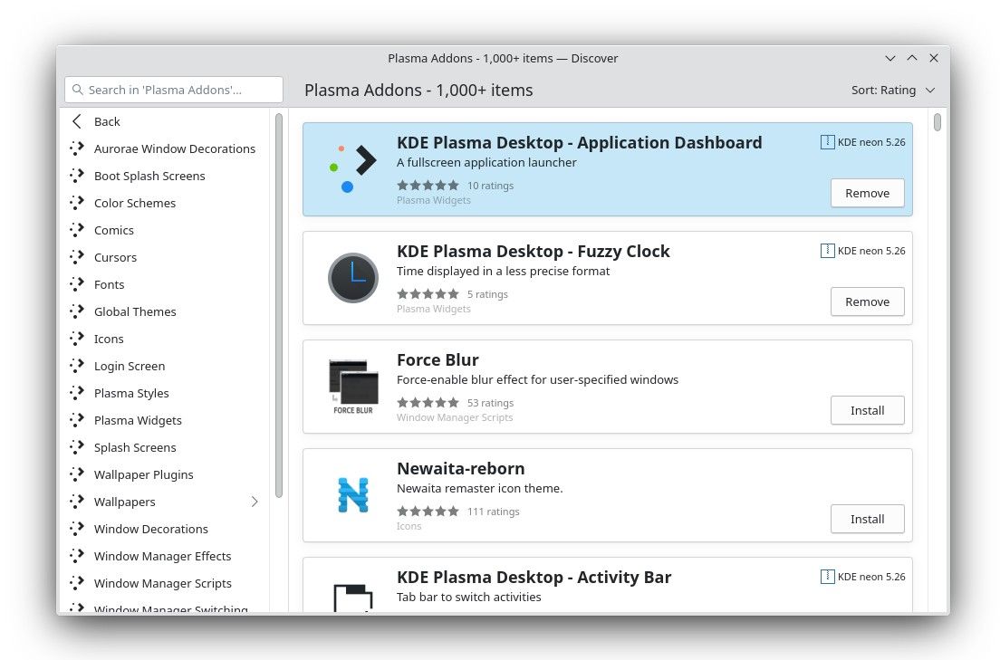 KDE Discover displaying available Plasma addons