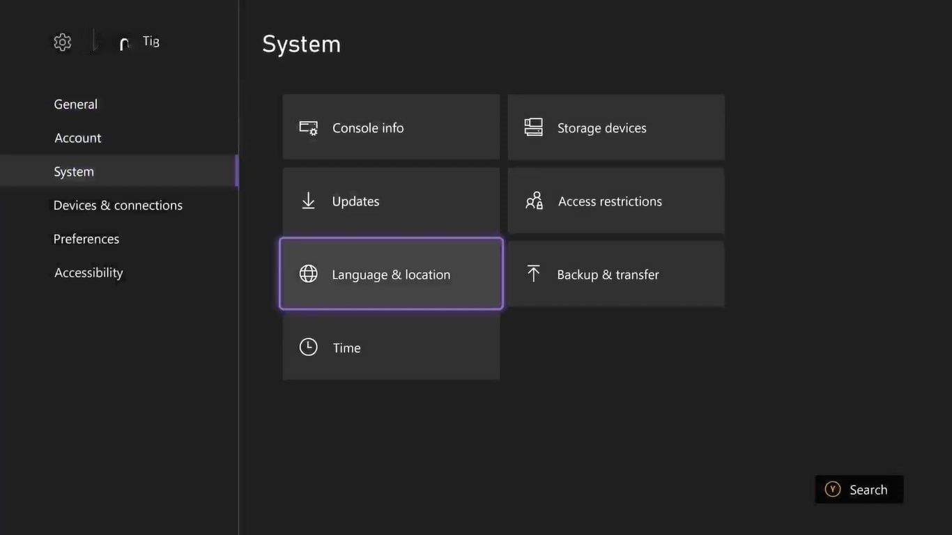 A screenshot of Xbox Series X system settings with Language and location highlighted 