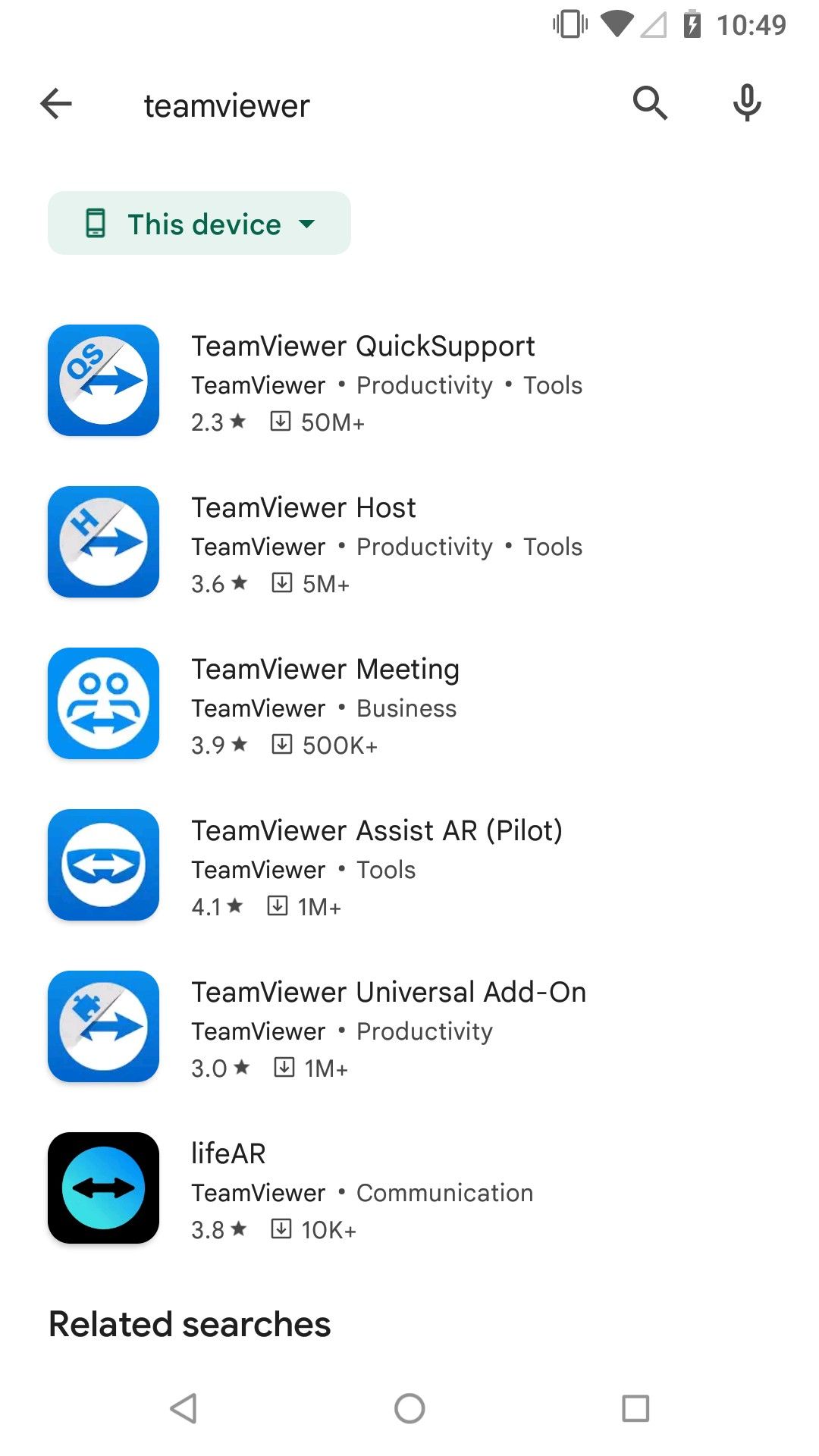 A list of TeamViewer-branded apps on Google Play