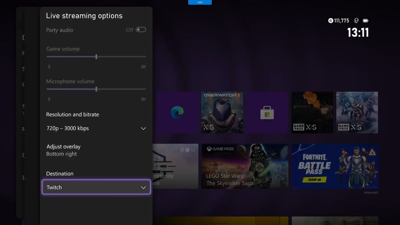 A screenshot of the Xbox Live Streaming options with Destination highlighted and set to Twitch 