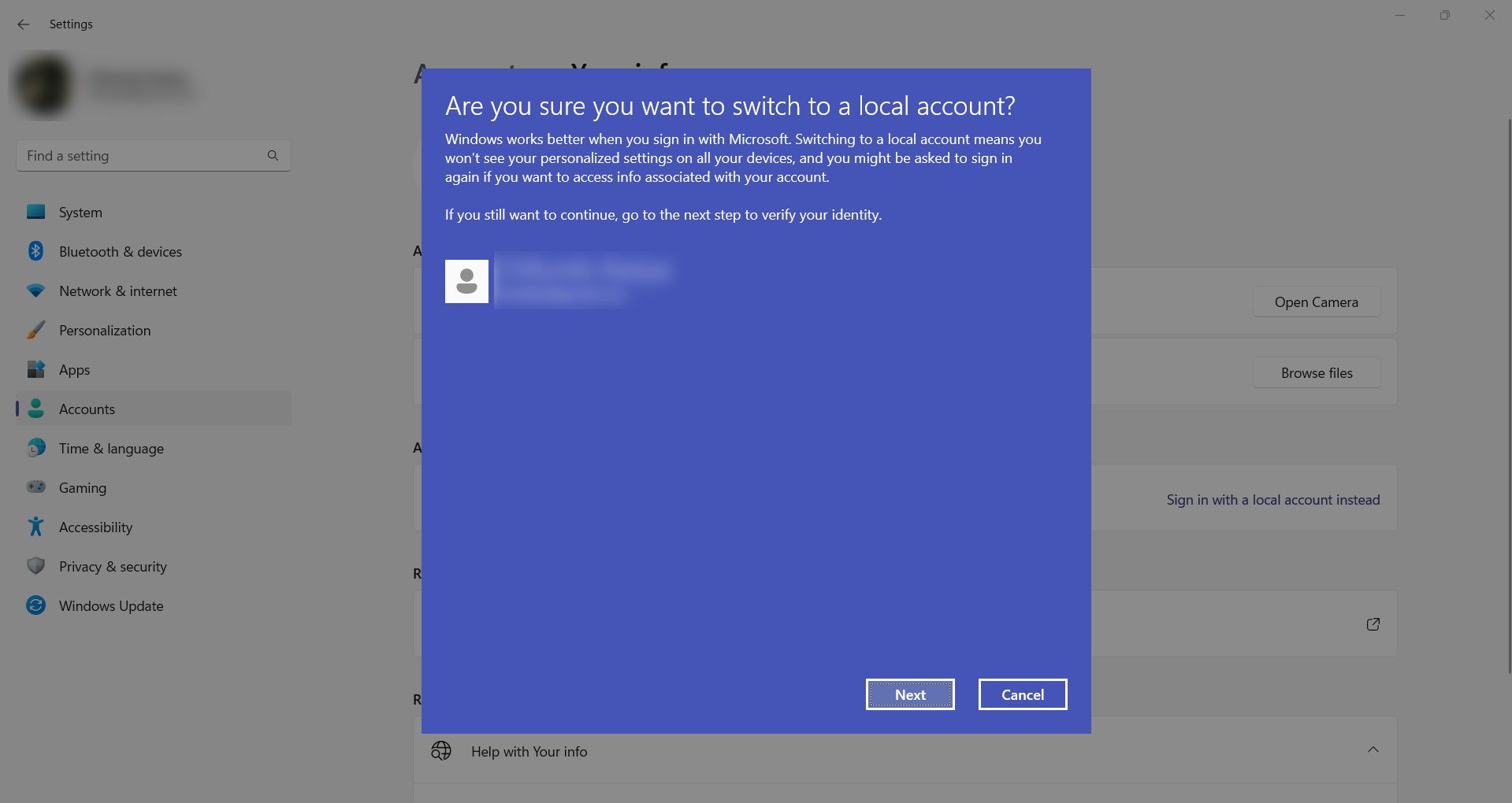 the prompt to confirm you want to continue signing in to a local account on Windows