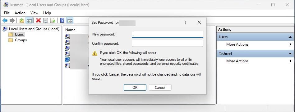 người dùng và nhóm cục bộ đặt mật khẩu mật khẩu mới