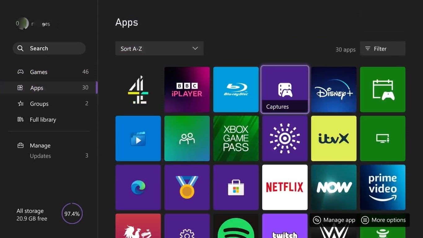 A screenshot of the Apps submenu of the My Games and Apps menu on Xbox Series X 