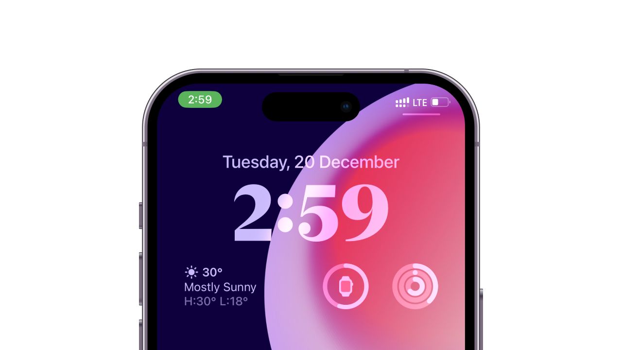 iOS 16 lock screen with different clock style with weather, battery and activity widgets.