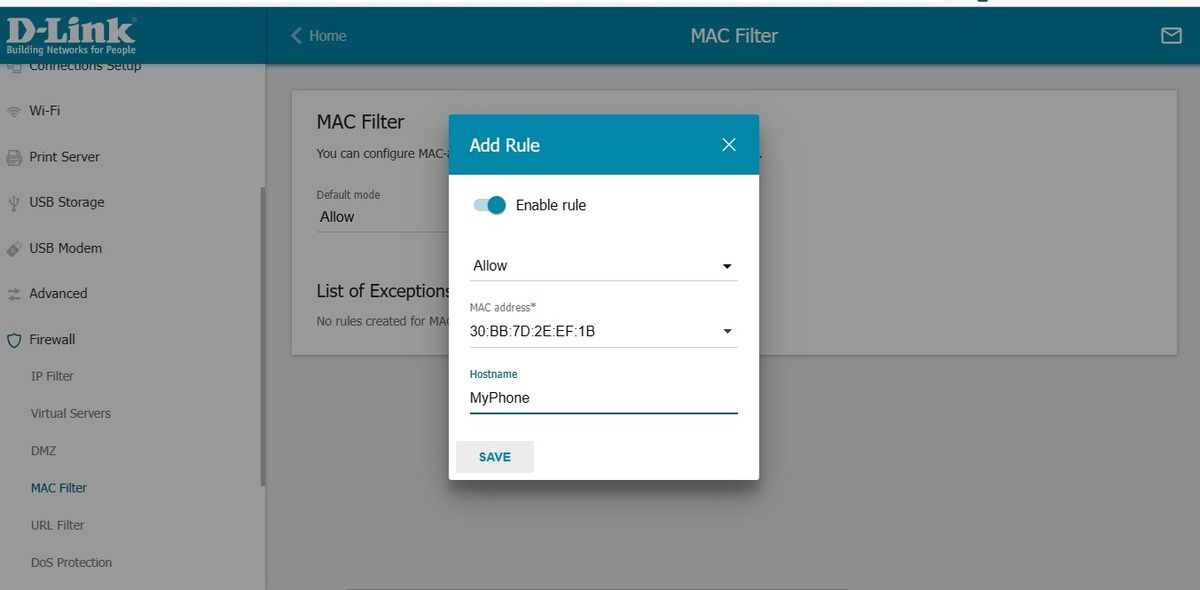 اسکرین شات از میان‌افزار روتر که به آدرس MAC در فیلتر کردن مک اجازه می‌دهد
