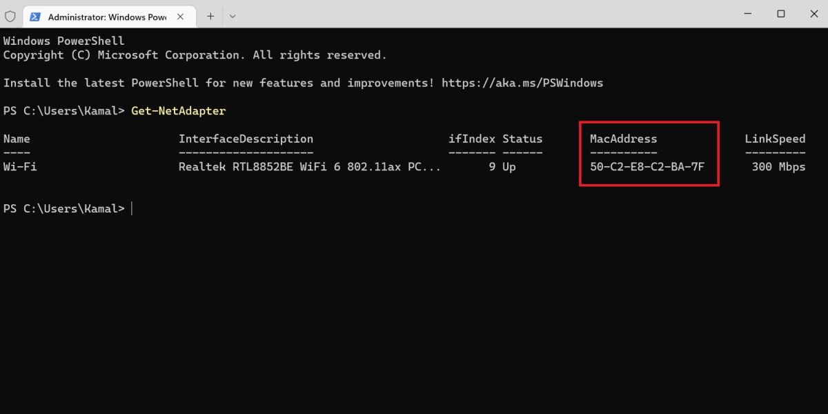 Screenshot of MAC Address of a Windows PC