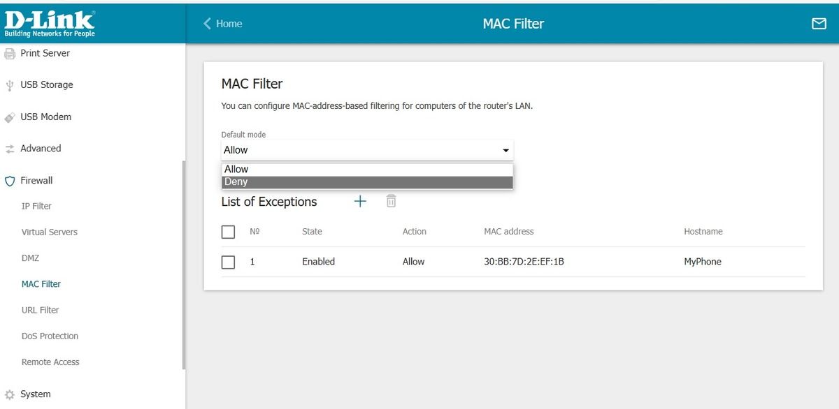 اسکرین شات از میان‌افزار روتر که فیلتر MAC را روشن می‌کند