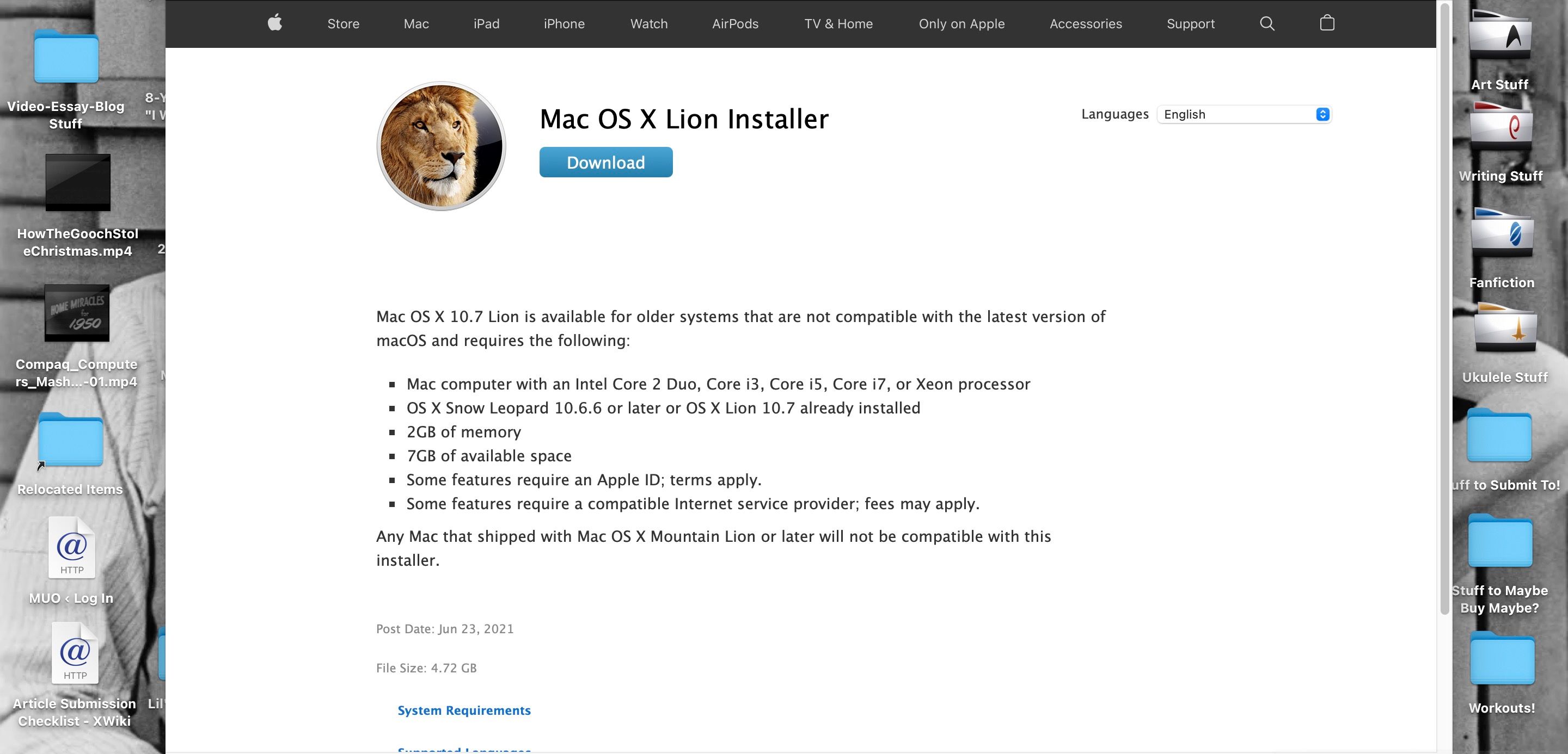 Mac OS X Lion installer page on the Apple website