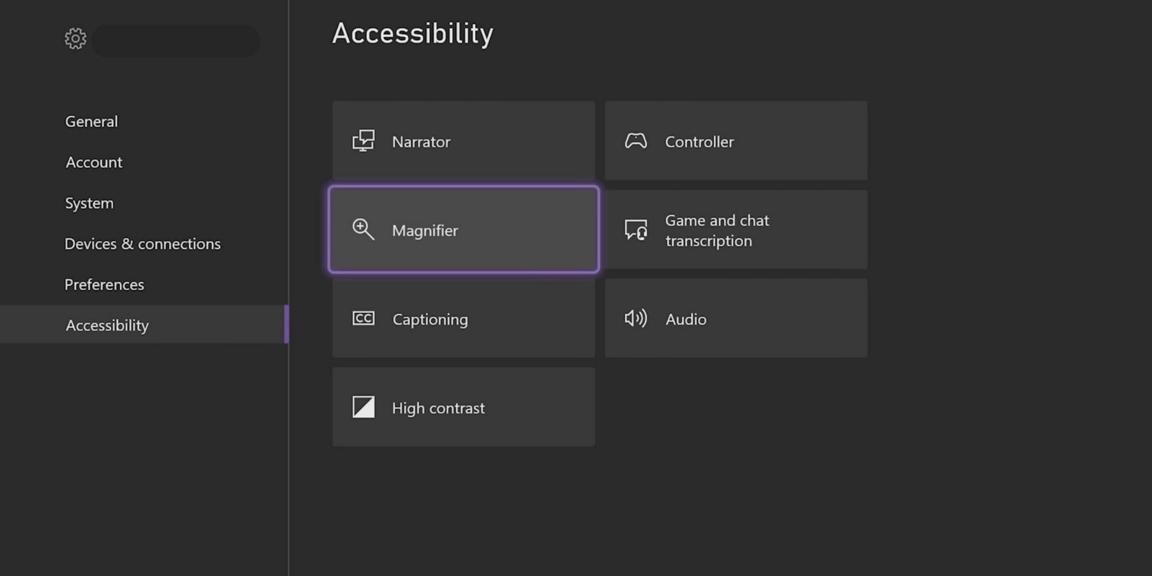 Magnifier function in Xbox series sx accessibility settings 