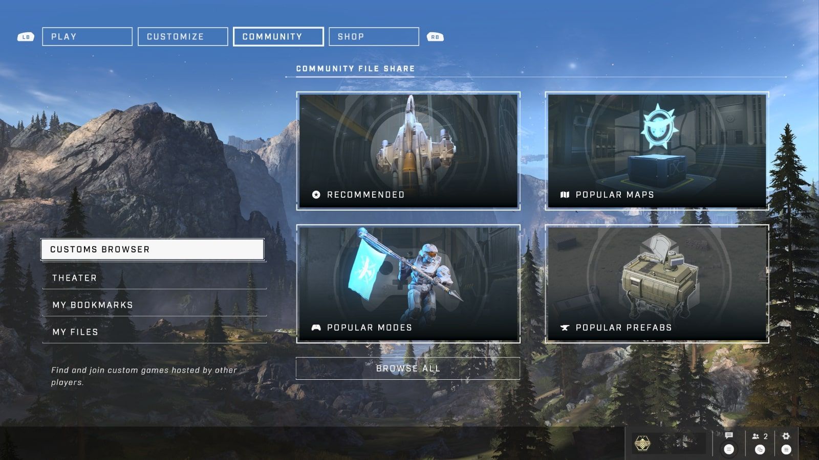 A screenshot of the Halo Infinite main menu with the Community options highlighted
