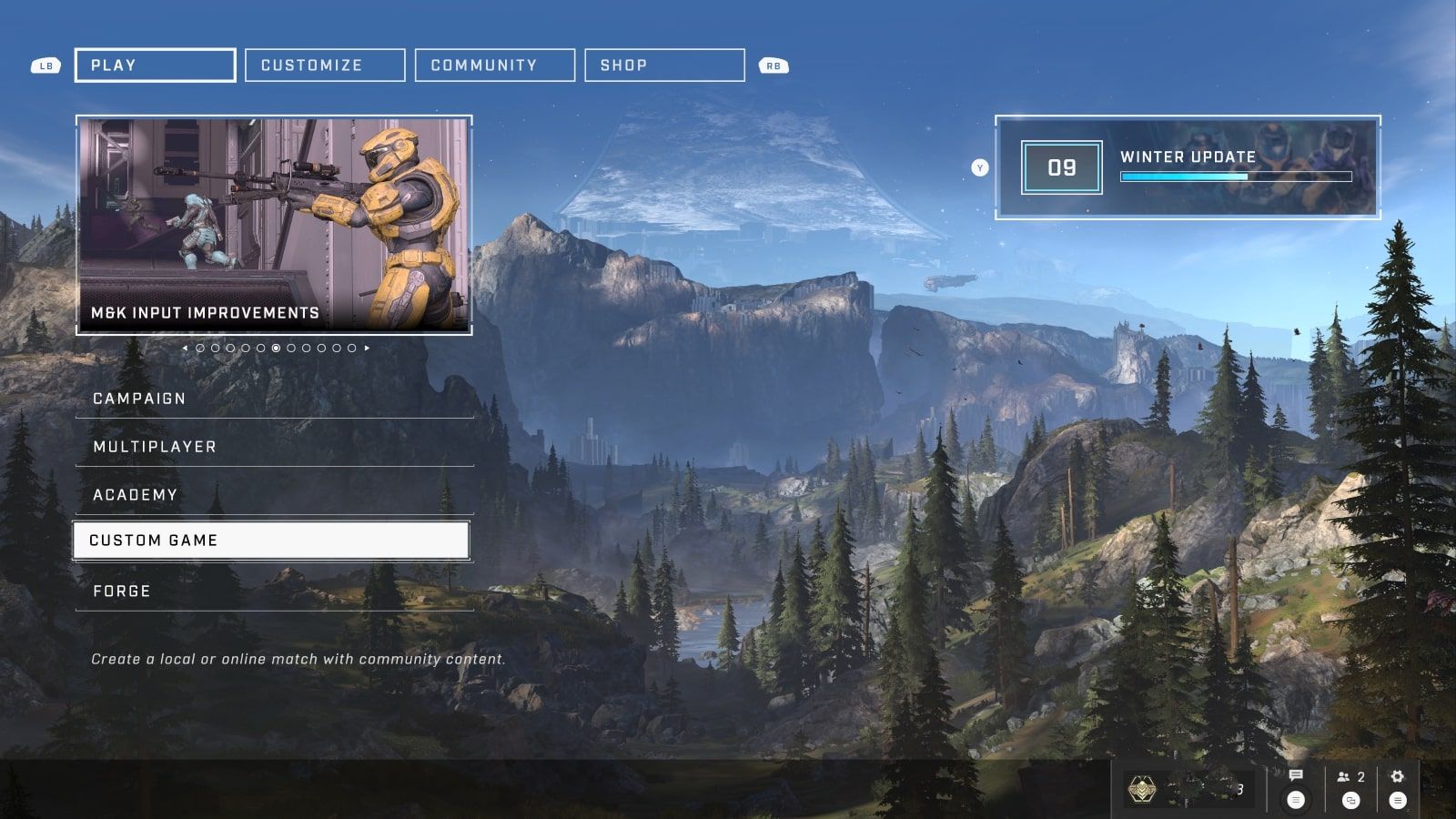 A screenshot of the Halo Infinite main menu with the Play options highlighted