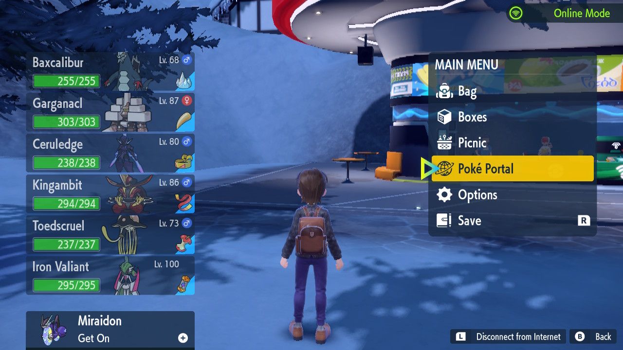 Une capture d'écran du menu principal du jeu Pokemon Violet avec le portail de Poke en surbrillance. 