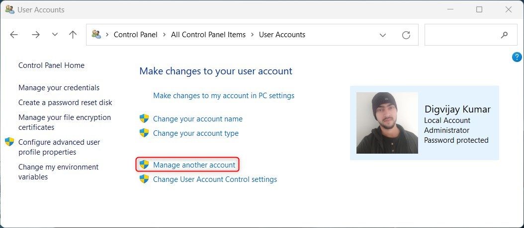 Manage another account using Control Panel
