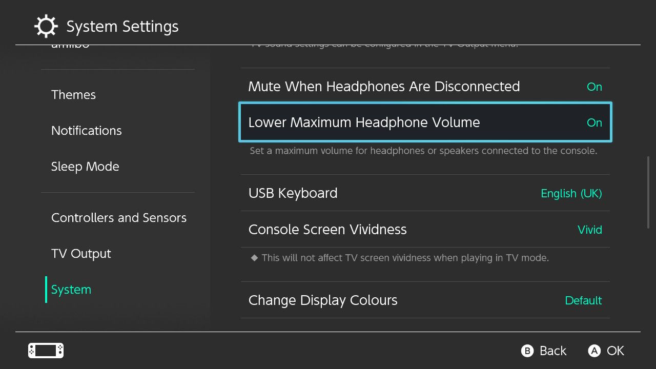 A screenshot of the Nintendo Switch settings for the system with the lowest maximum headphone volume highlighted
