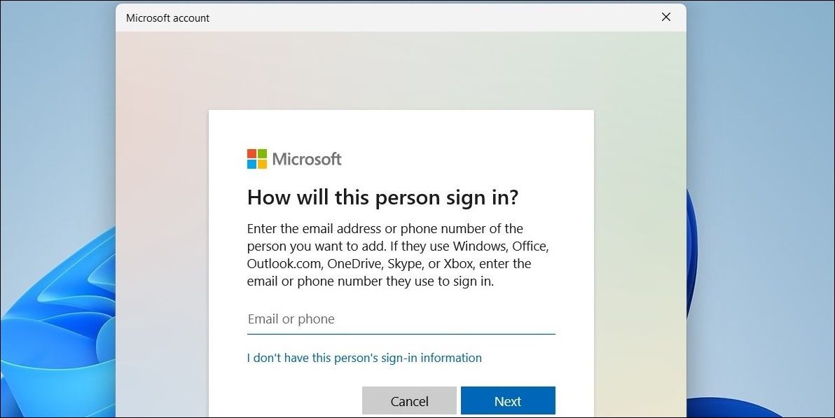 Ventana de inicio de sesión de la cuenta de Microsoft