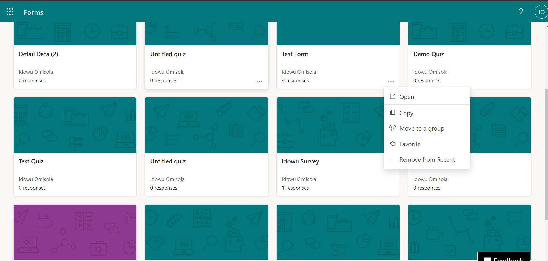 Microsoft Forms forms dashboard