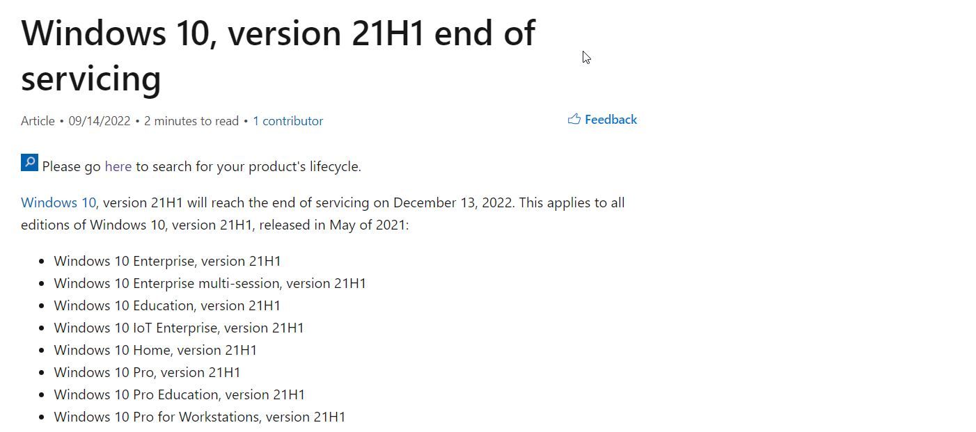 Microsoft website showing end of support for Windows 10 21H1