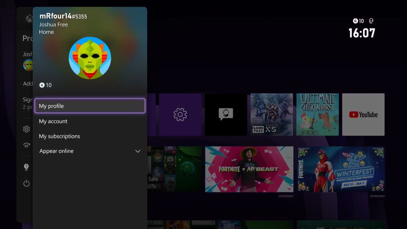 A screenshot of the profile options on an Xbox Series X with my profile highlighted 