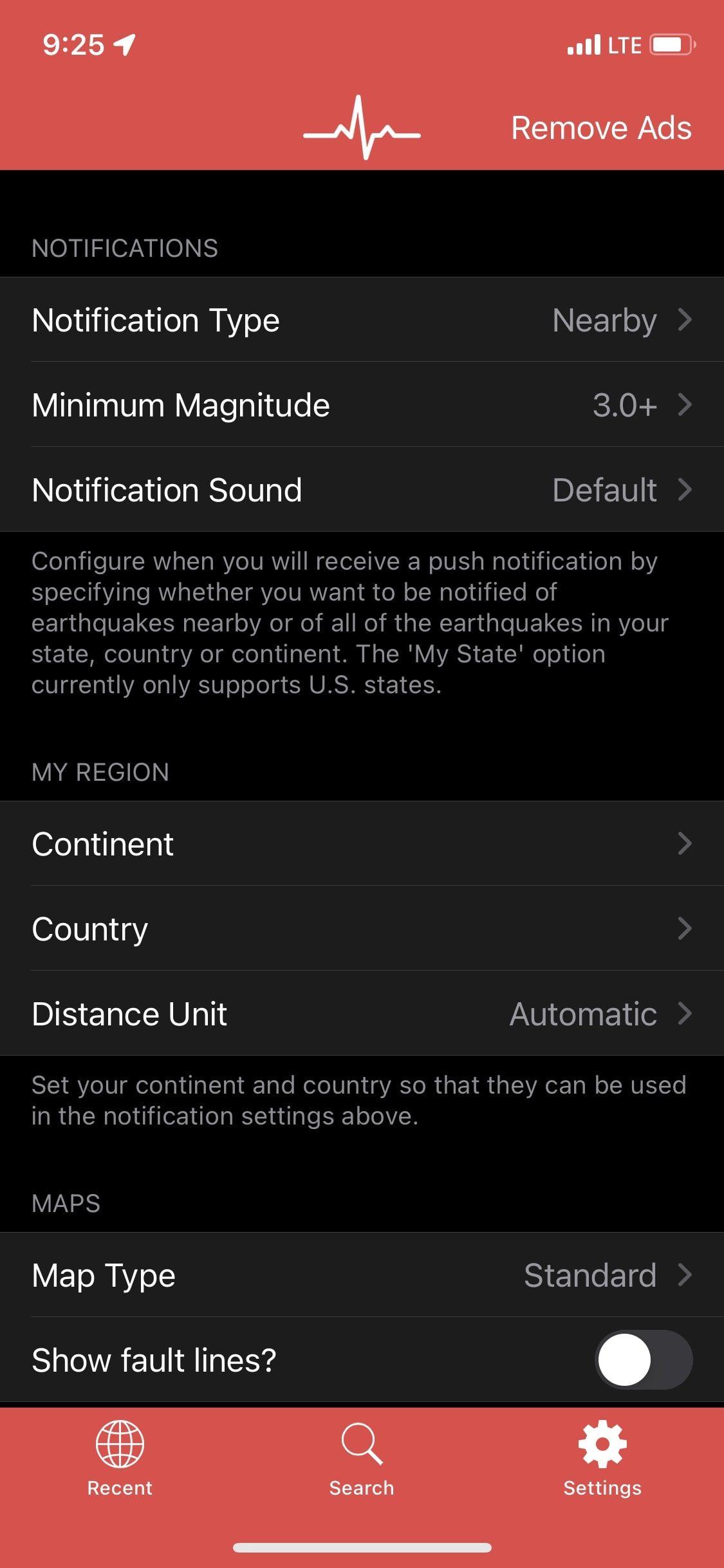 MyEarthquake app settings