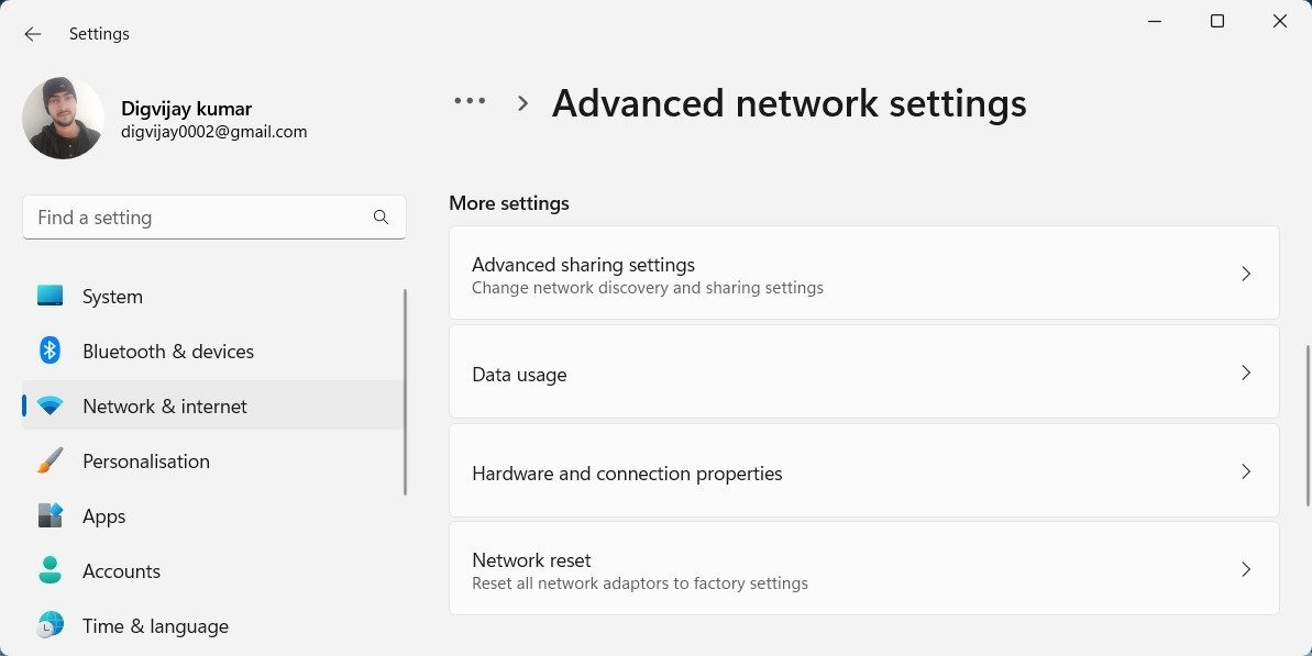 Network reset in Windows Settings