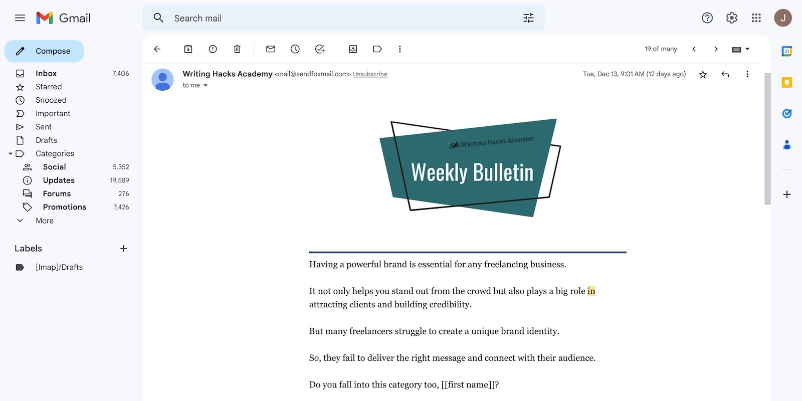 A Sales Newsletter From a Writing Website