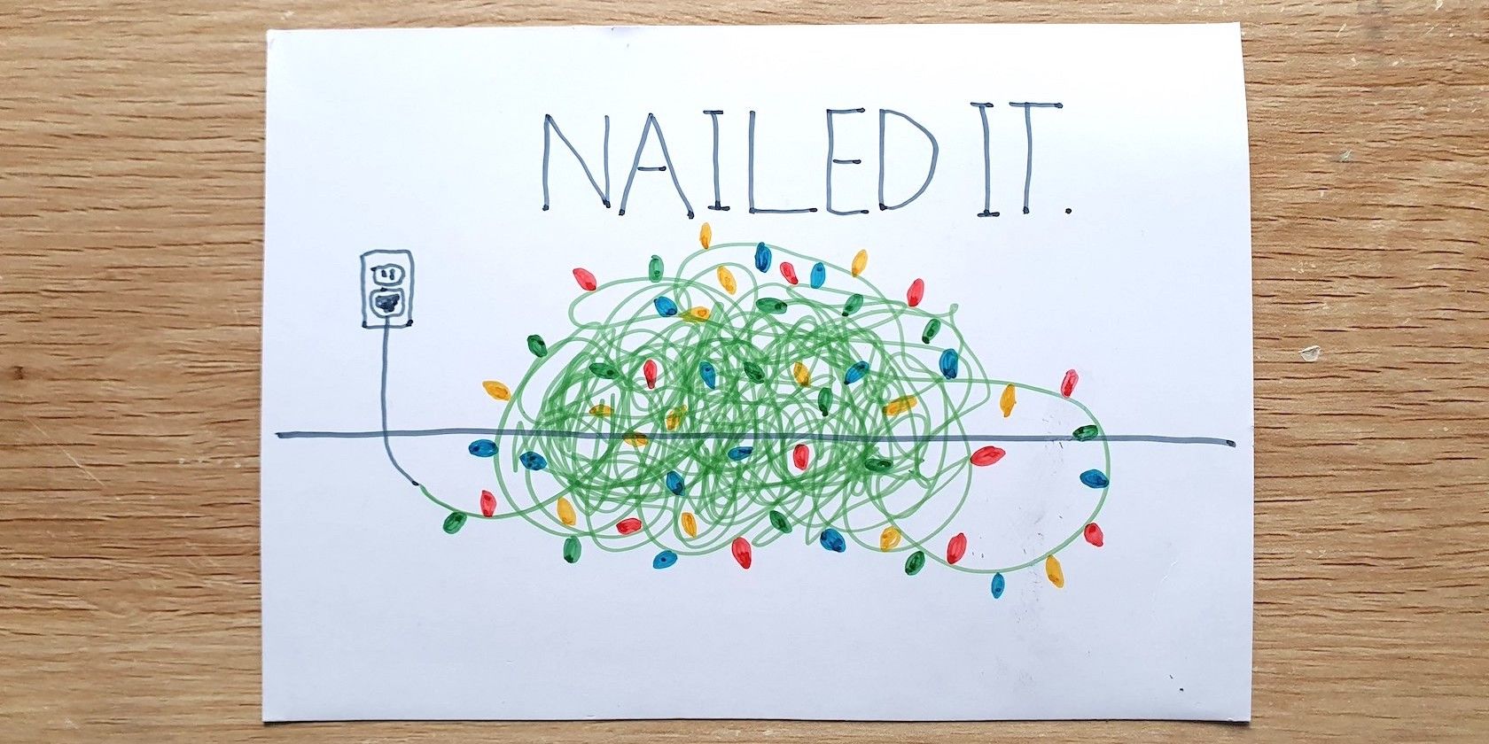 An illustration of tangled Christmas lights with the title Nailed It
