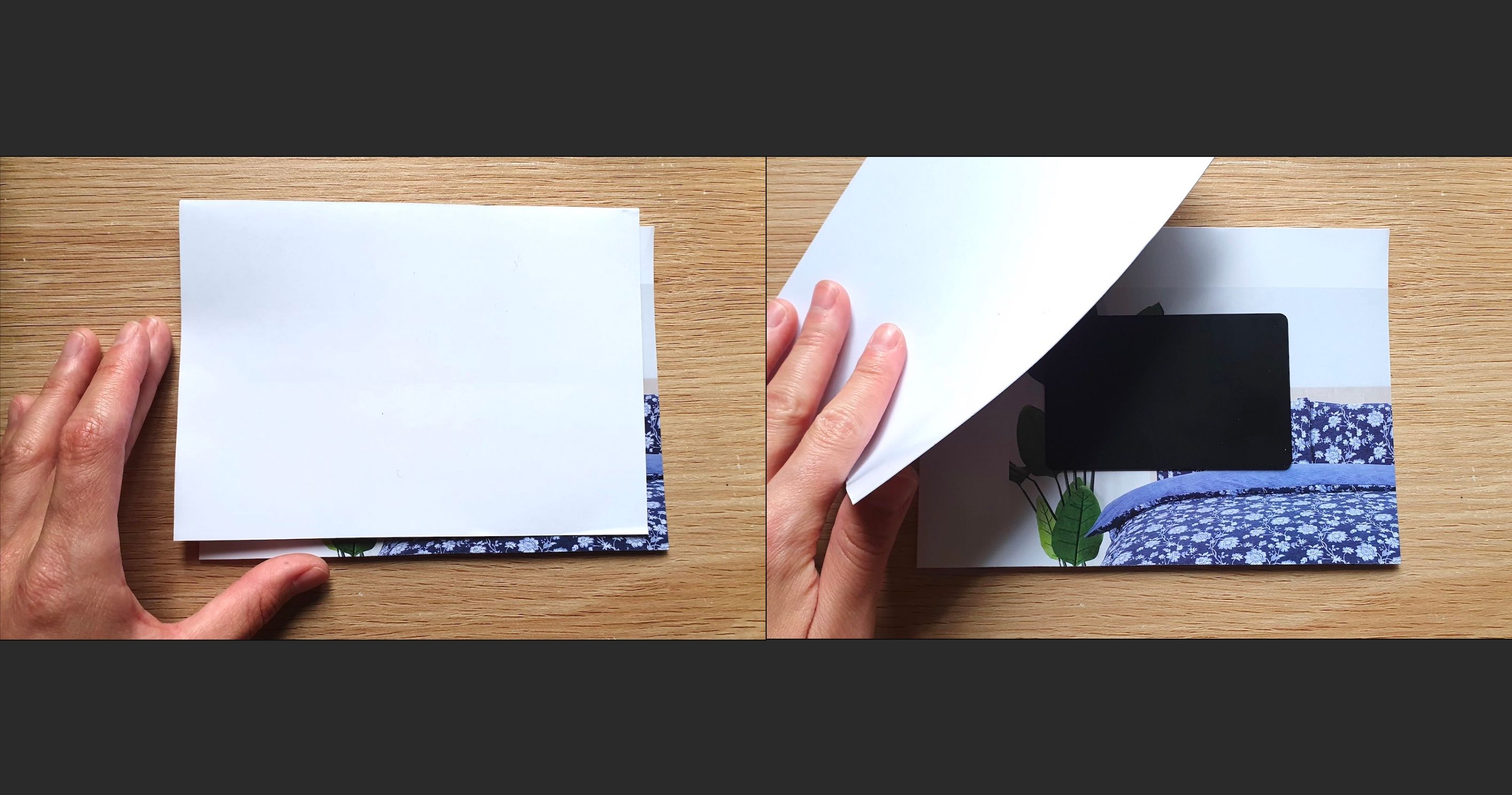 Deux photos montrant un tag NFC caché entre deux feuilles de carte
