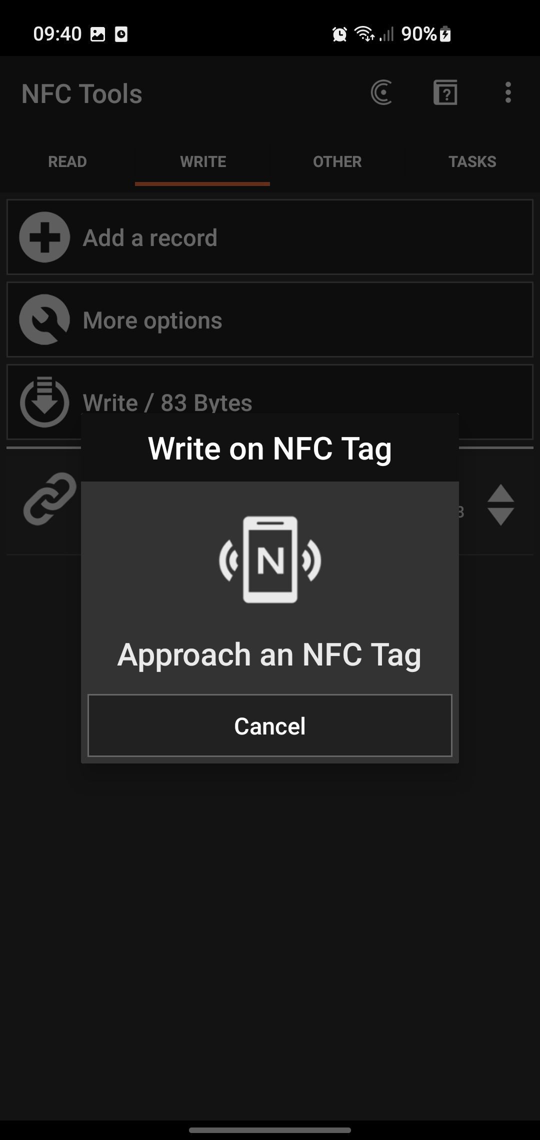 NFC tools app message to approach an NFC tag