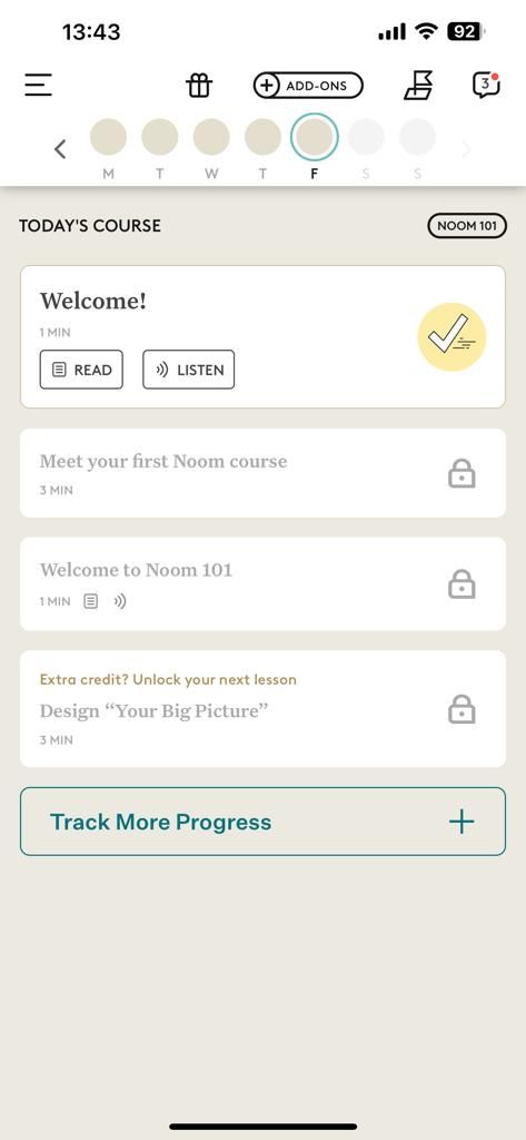 Screenshot showing Noom's welcome dashboard