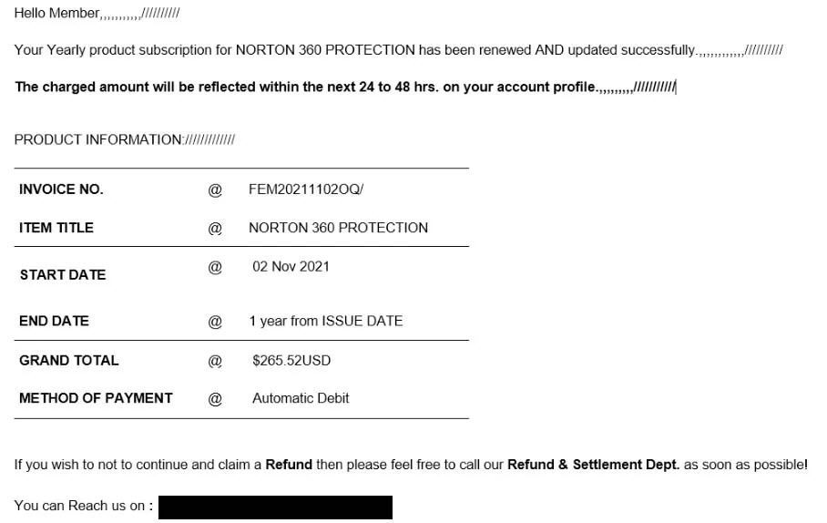 Norton Scam Email About Subscription Renewal