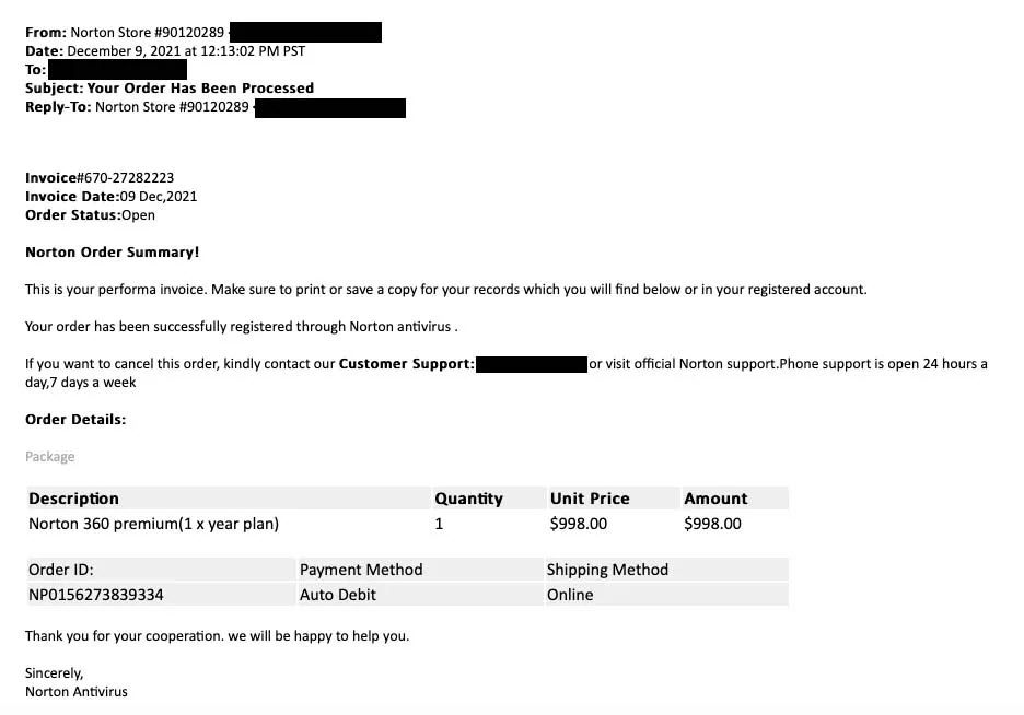 Scam email from Norton showing a subscription renewal receipt