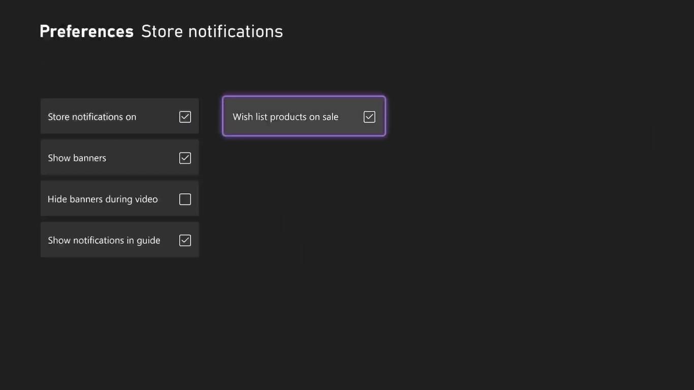 A screenshot of an Xbox Series X accessing the store notification settings with the wish list products on sale highlighted