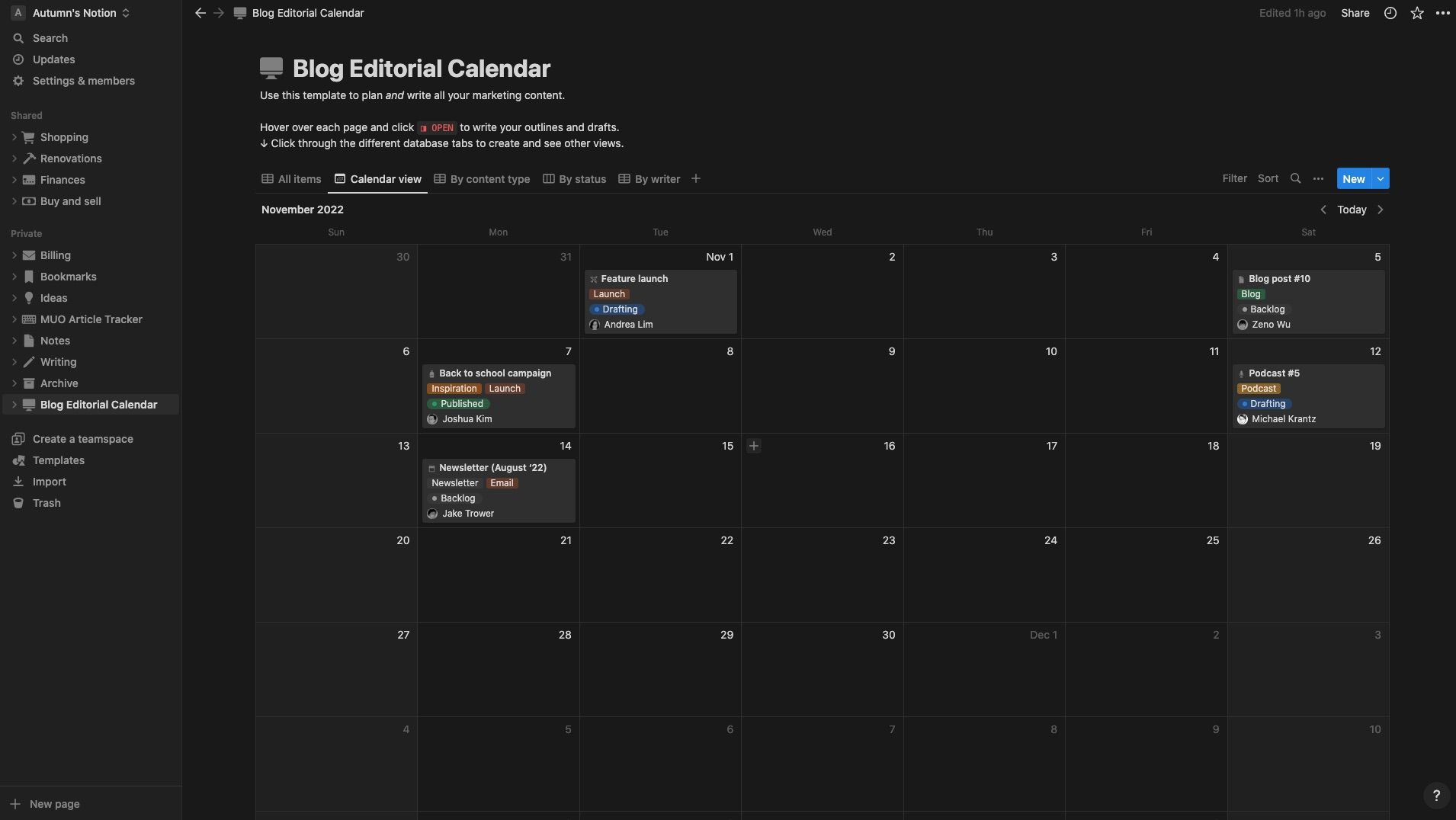 Content calendar layout in project management software