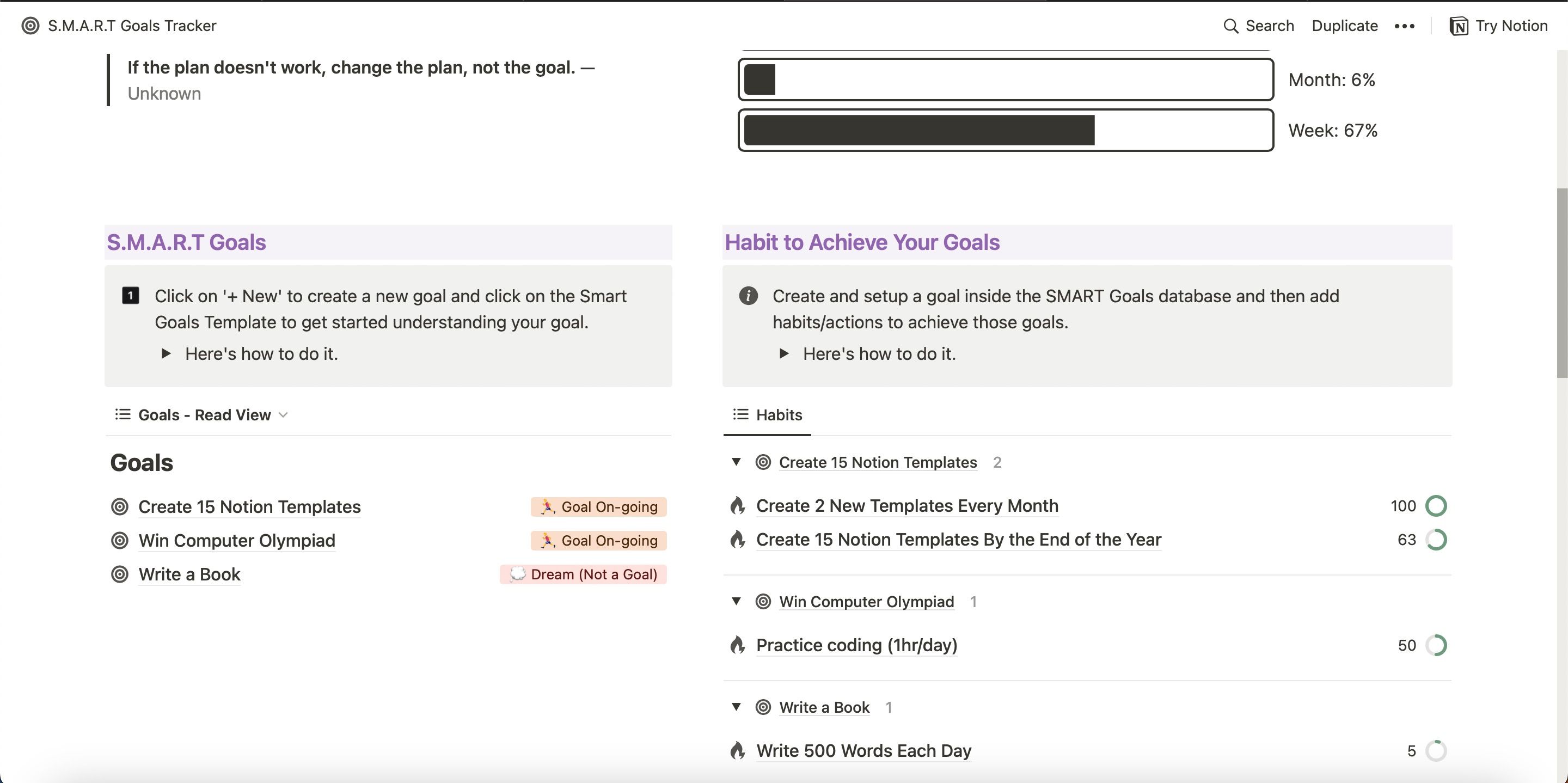 Notion SMART Goal Tracker Screenshot